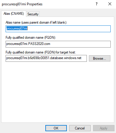 DNS CName Alias for changing DNS Zone when connecting to a Azure Managed Instance